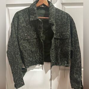 Main Strip: Denim Cropped Green Cheetah Jacket
